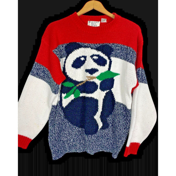 Panda Bear Sweater Size L Beverly Hills Zoo 80s Chunky Knit Asian Style Vintage - Picture 1 of 8